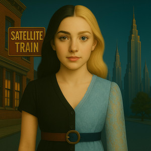 Dual-toned woman in urban landscape, Satellite Train sign.