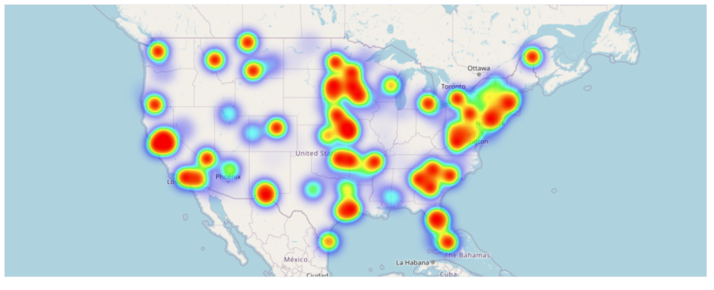 US heatmap showing high activity areas.